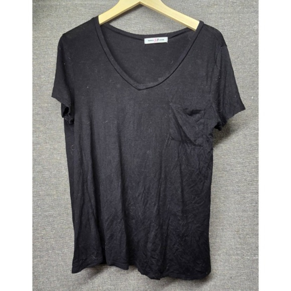 Fashion House‎ Womens Black V-Neck Pocket T-Shirt Rayon Spandex Size L T1427